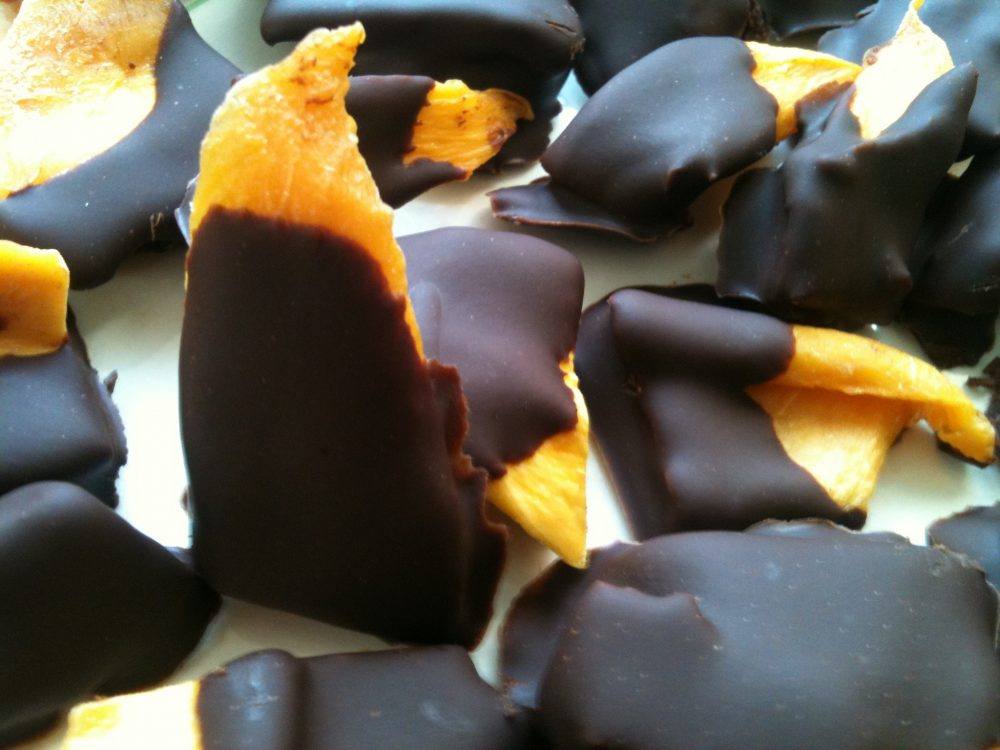 Gorgeous Dried Mangoes and Apricots Dipped in Raw Chocolate